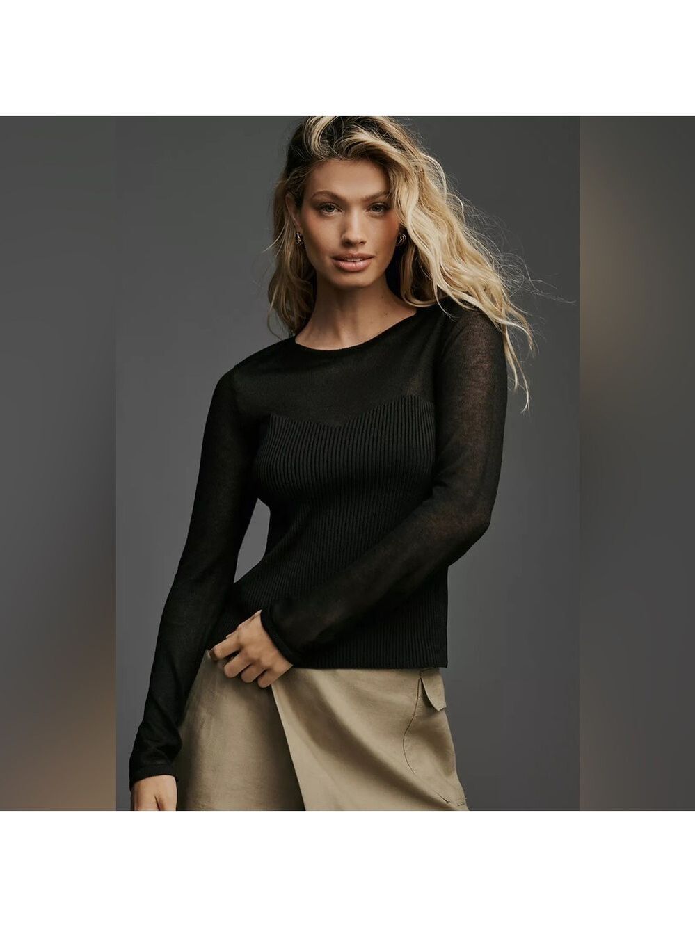 Anthropologie Black Long-Sleeve Sheer Upper Ribbed Sweater Top Size Medium